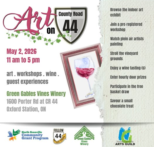 Art on 44 Exhibit and Sale poster — May 2, 2026, 11 am to 5 pm at Green Gables Vines Winery, 1600 Porter Road at County Road 44, Oxford Station, Ontario